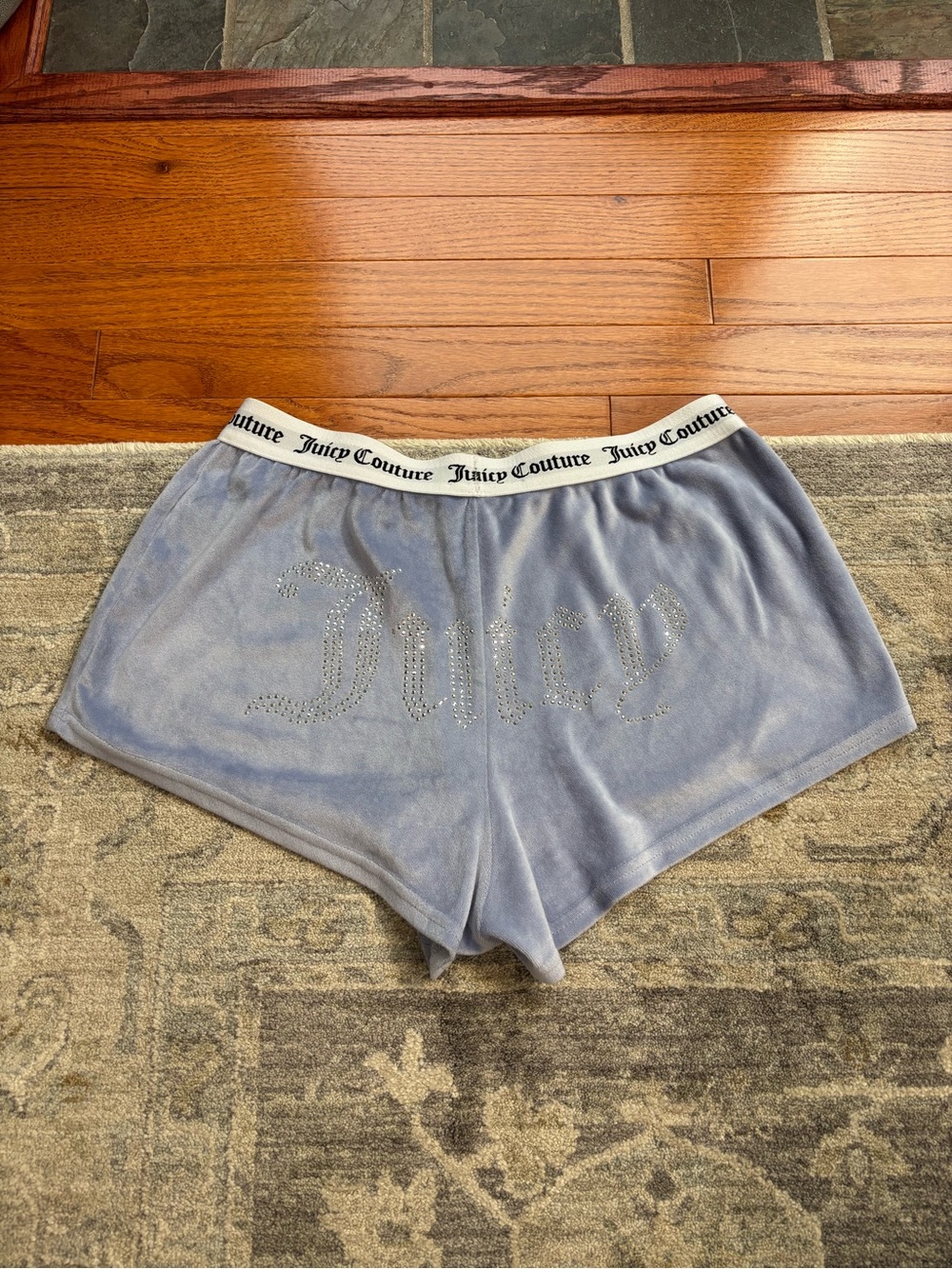 Y2K Juicy Couture Velour Sleep Shorts Blue Rhinestone Logo S
